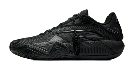 Black basketball shoe with lace-up front, mesh upper, purple trim and sculpted midsole