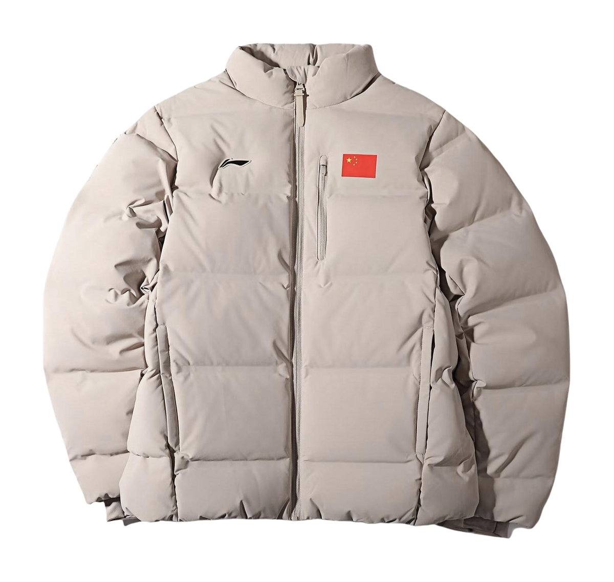 Men's dusty gray puffer down jacket with stand collar and full zip front