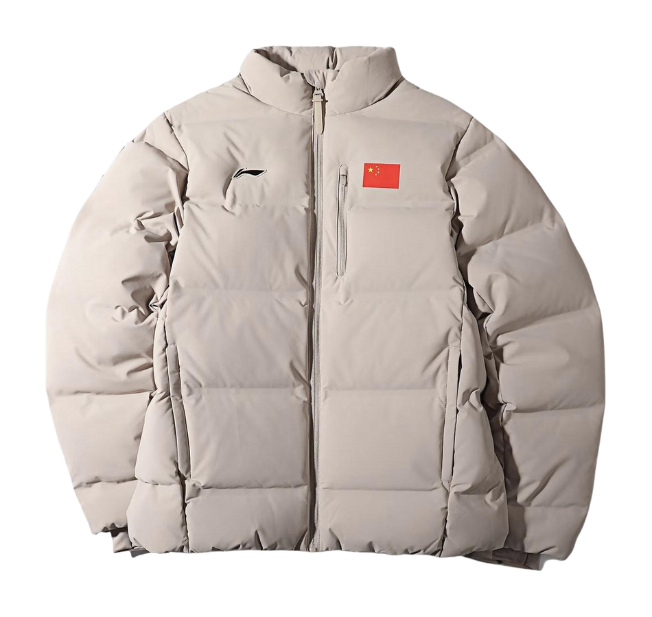 Men's dusty gray puffer down jacket with stand collar and full zip front