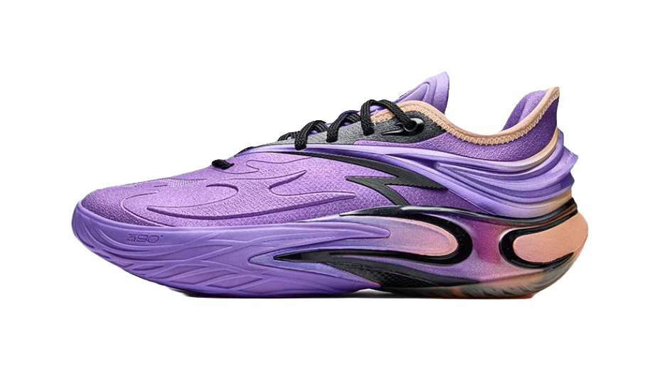 Low-top basketball shoe, purple textured upper with black accents and lace-up front