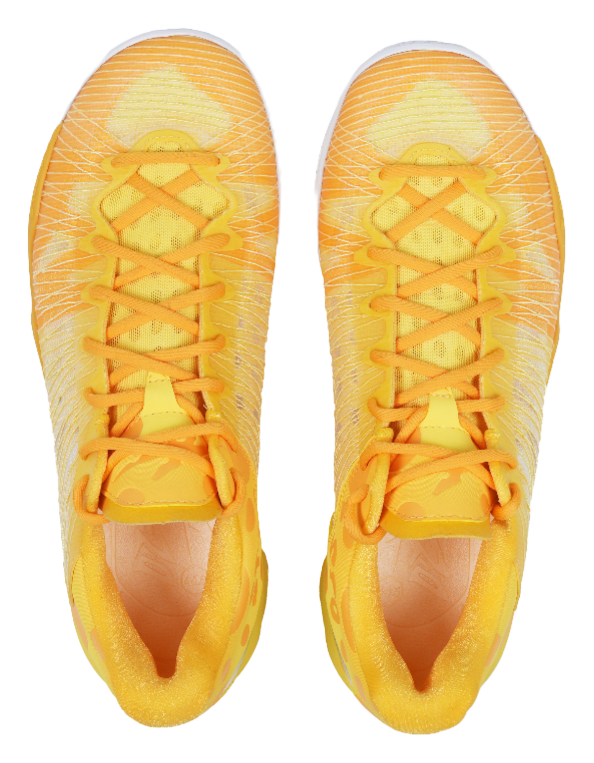 Pair of low-top basketball shoes, yellow uppers with orange lace detail