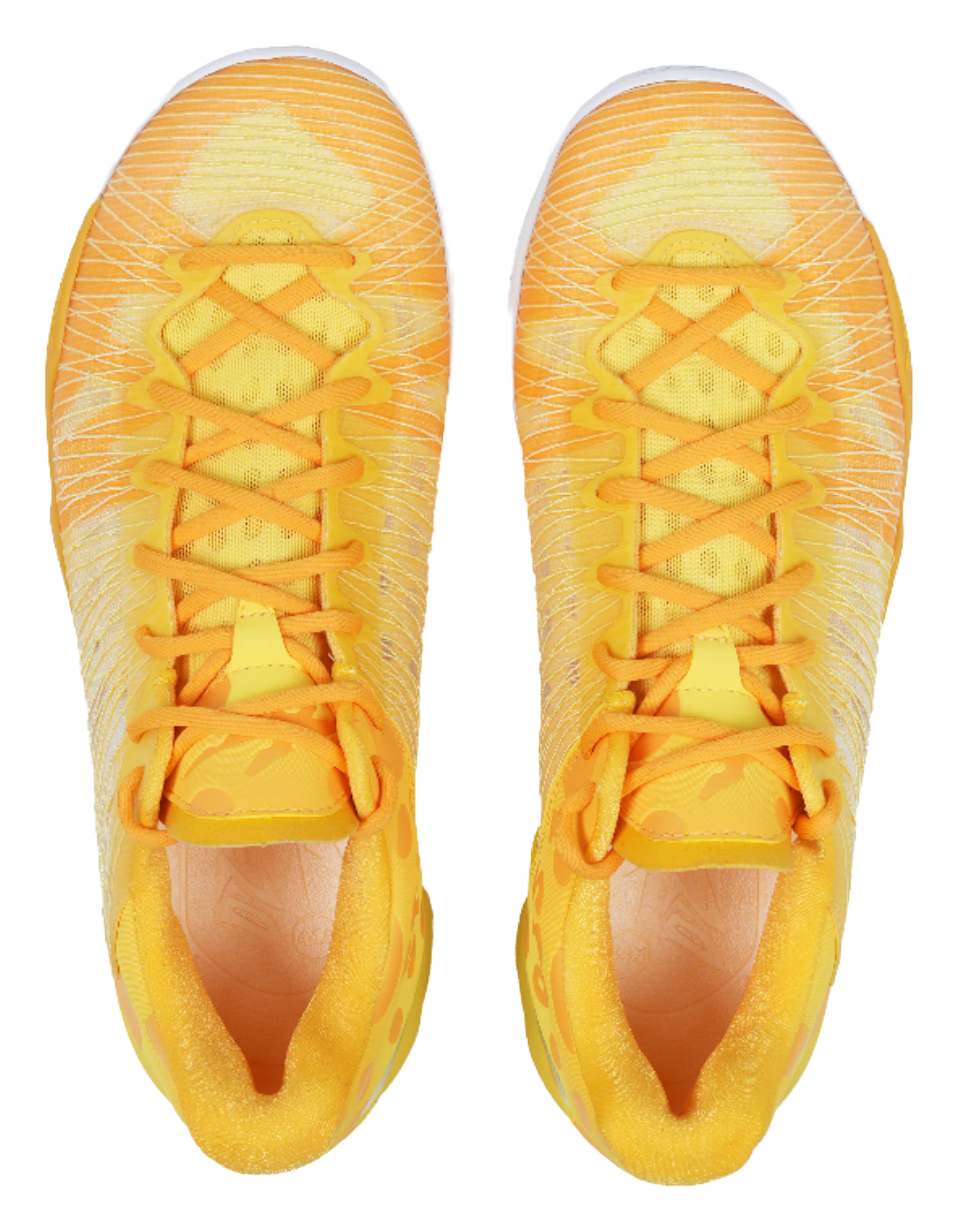 Pair of low-top basketball shoes, yellow uppers with orange lace detail