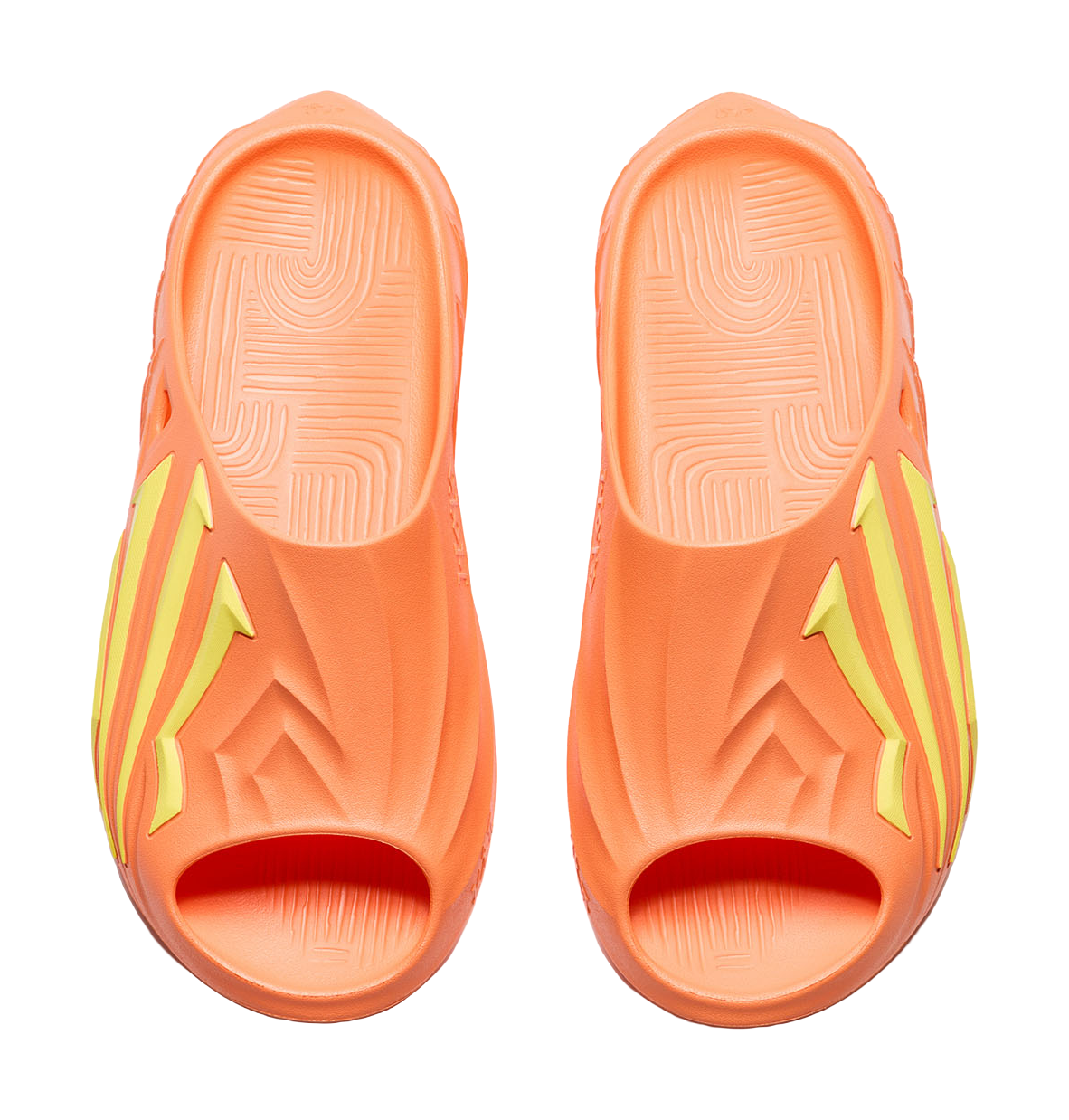 Pair of men's slide sandals, textured footbed and fluorescent kiwi yellow accents on orange