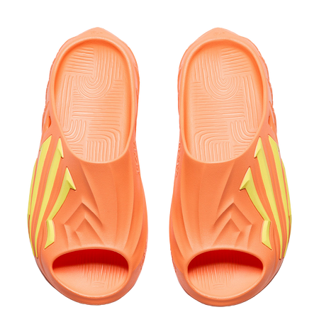 Pair of men's slide sandals, textured footbed and fluorescent kiwi yellow accents on orange