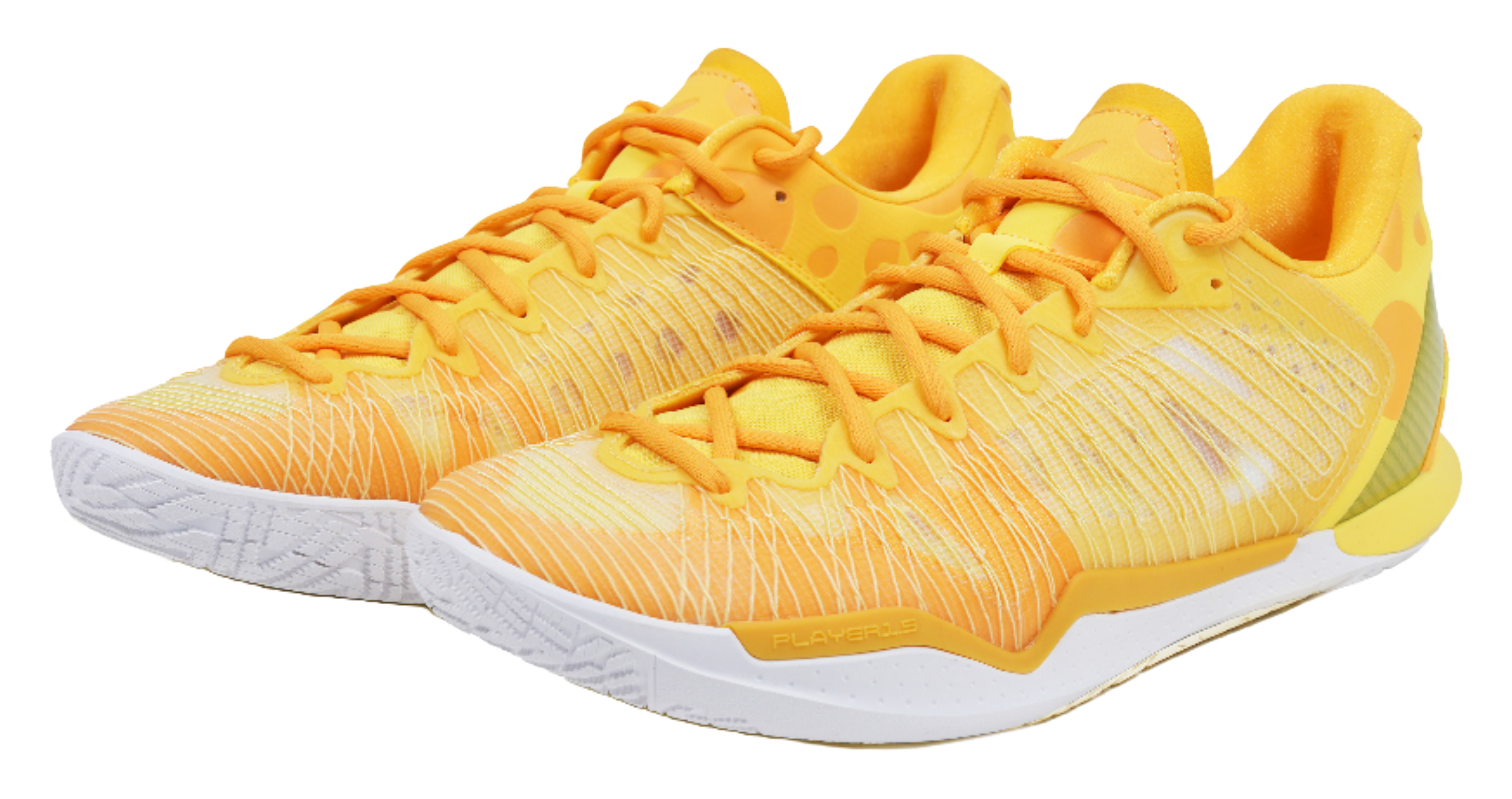 Low-top basketball shoes, front view with orange laces and textured knit upper