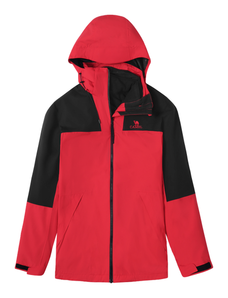 Red and black hooded windbreaker jacket with full-length zip and side pockets.