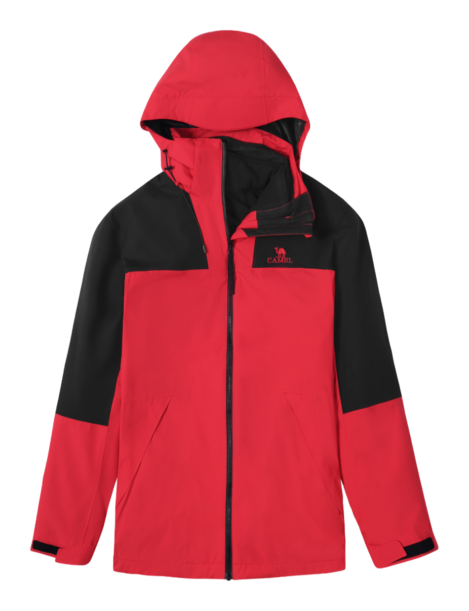 Red and black hooded windbreaker jacket with full-length zip and side pockets.