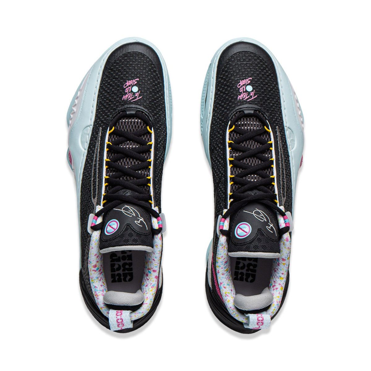 Basketball shoe pair from above: black mesh upper with yellow laces and light blue trim.