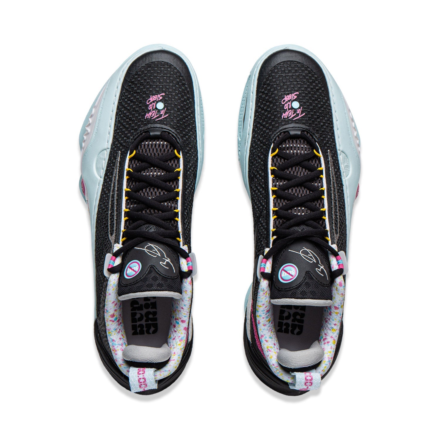 Basketball shoe pair from above: black mesh upper with yellow laces and light blue trim.