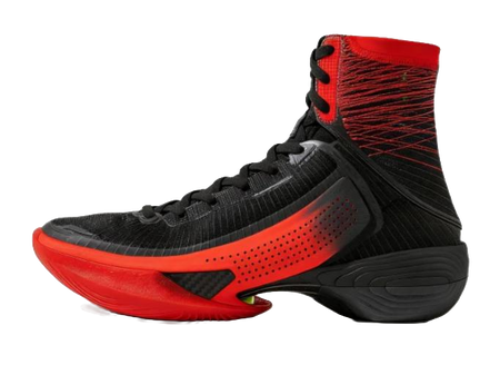 Black and red high-top basketball shoe with red accent midsole and perforated stripe