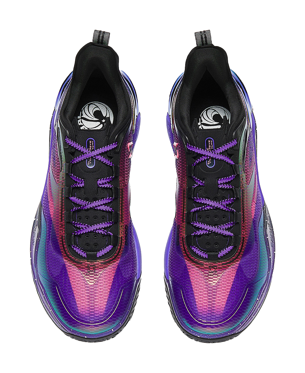 Pair of ANTA mens low-top basketball shoes with purple knit upper and black laces
