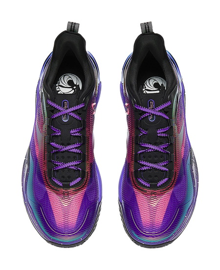 Pair of ANTA mens low-top basketball shoes with purple knit upper and black laces