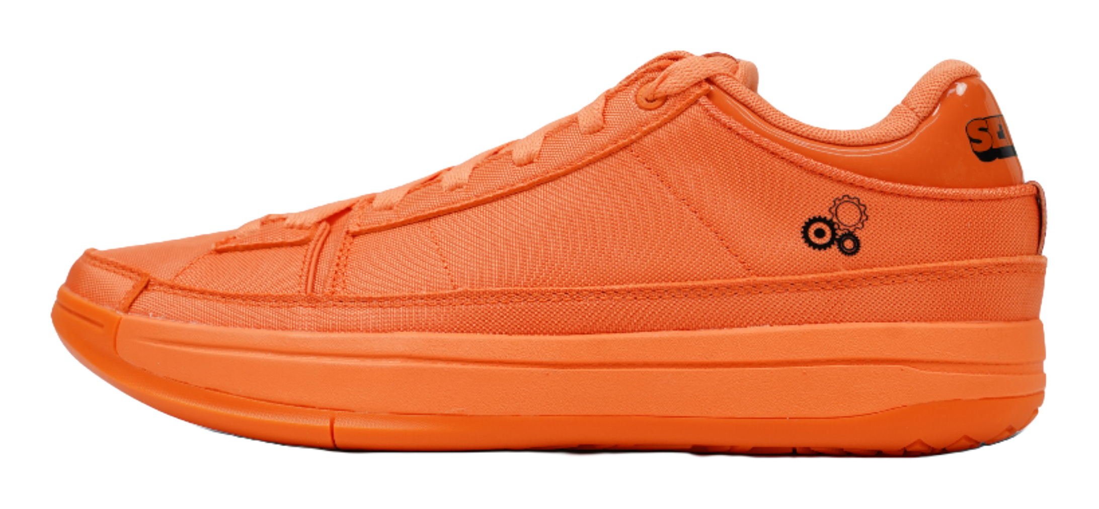 Orange canvas basketball shoes with lace-up and low-profile sole