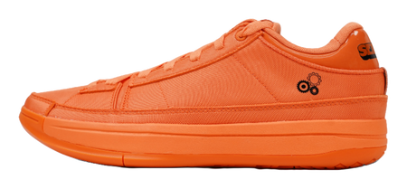 Orange canvas basketball shoes with lace-up and low-profile sole