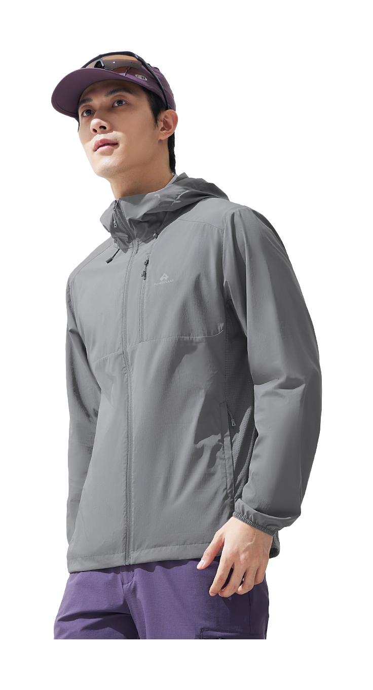 Men's hooded sun jacket, gray, side view with full-zip and hood drawcord