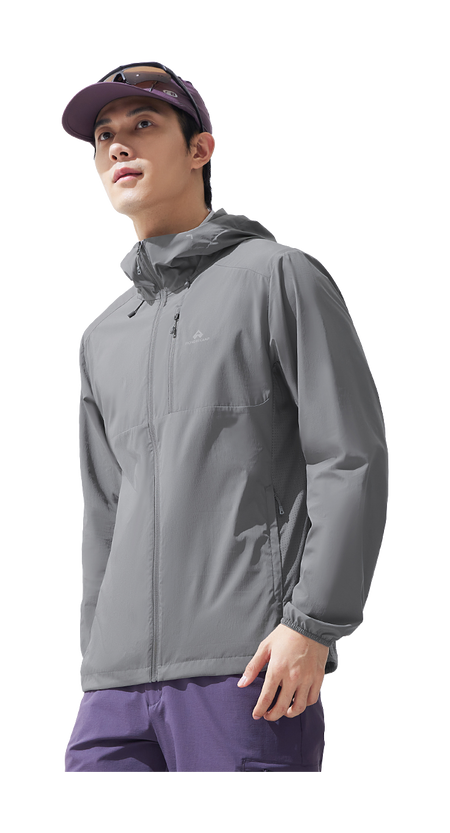 Men's hooded sun jacket, gray, side view with full-zip and hood drawcord