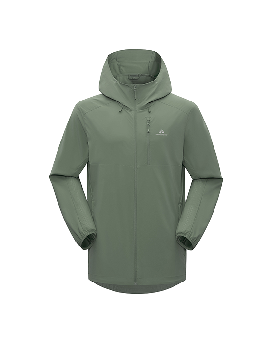 Men's hooded sun jacket in olive green with full-length front zipper