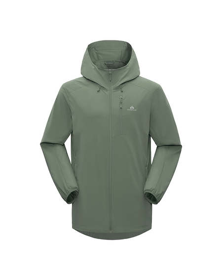 Men's hooded sun jacket in olive green with full-length front zipper