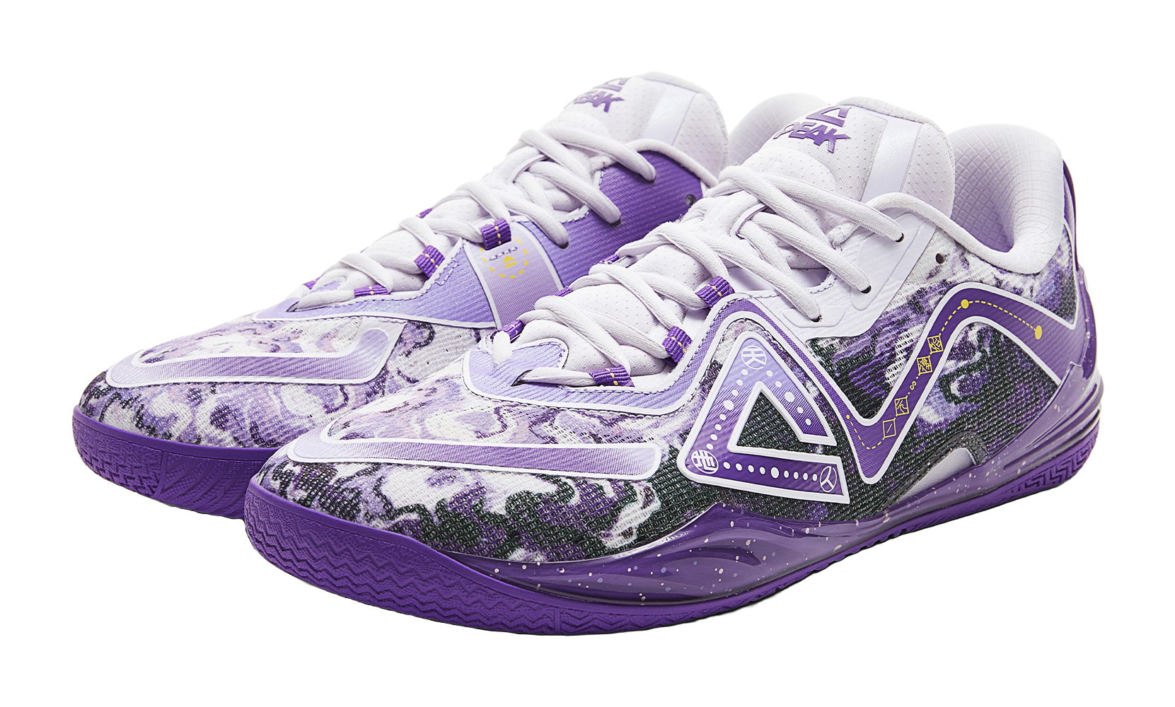 Pair of lavender basketball shoes with white laces and patterned uppers