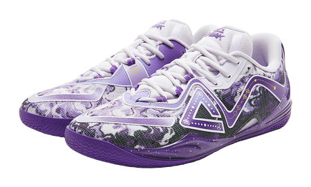 Pair of lavender basketball shoes with white laces and patterned uppers