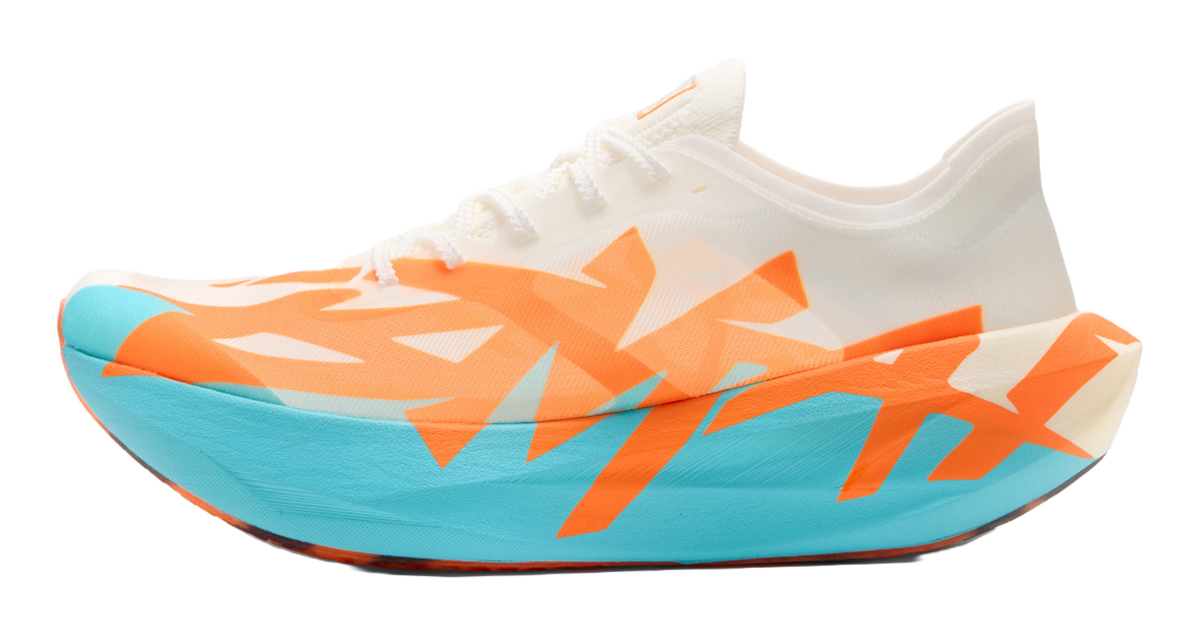 Men's low-top running shoes, white upper with sky-blue and orange geometric details