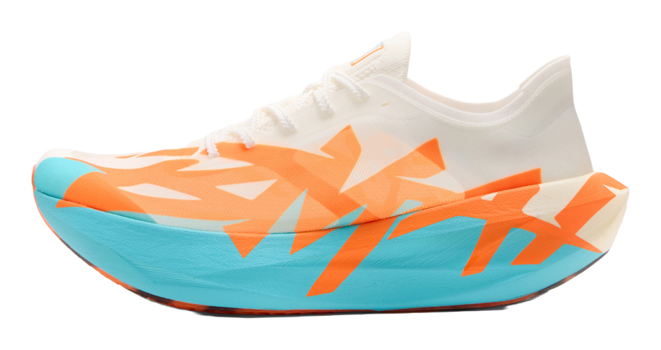 Men's low-top running shoes, white upper with sky-blue and orange geometric details