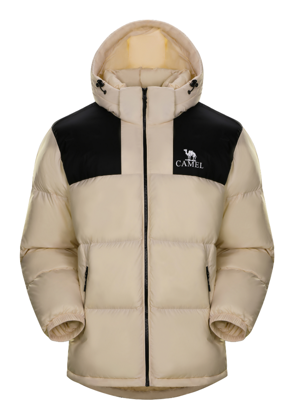 Beige and black color-block hooded puffer jacket with CAMEL logo, full zip.