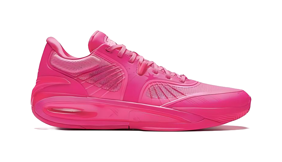 Mid basketball shoe in bright pink-red with lace-up upper and visible air-cushion sole.