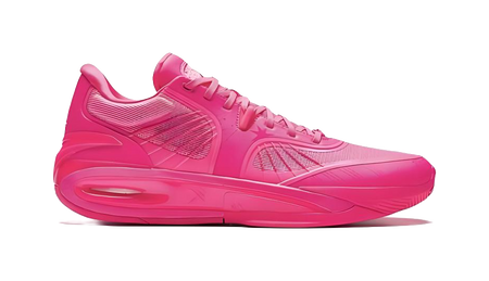 Mid basketball shoe in bright pink-red with lace-up upper and visible air-cushion sole.
