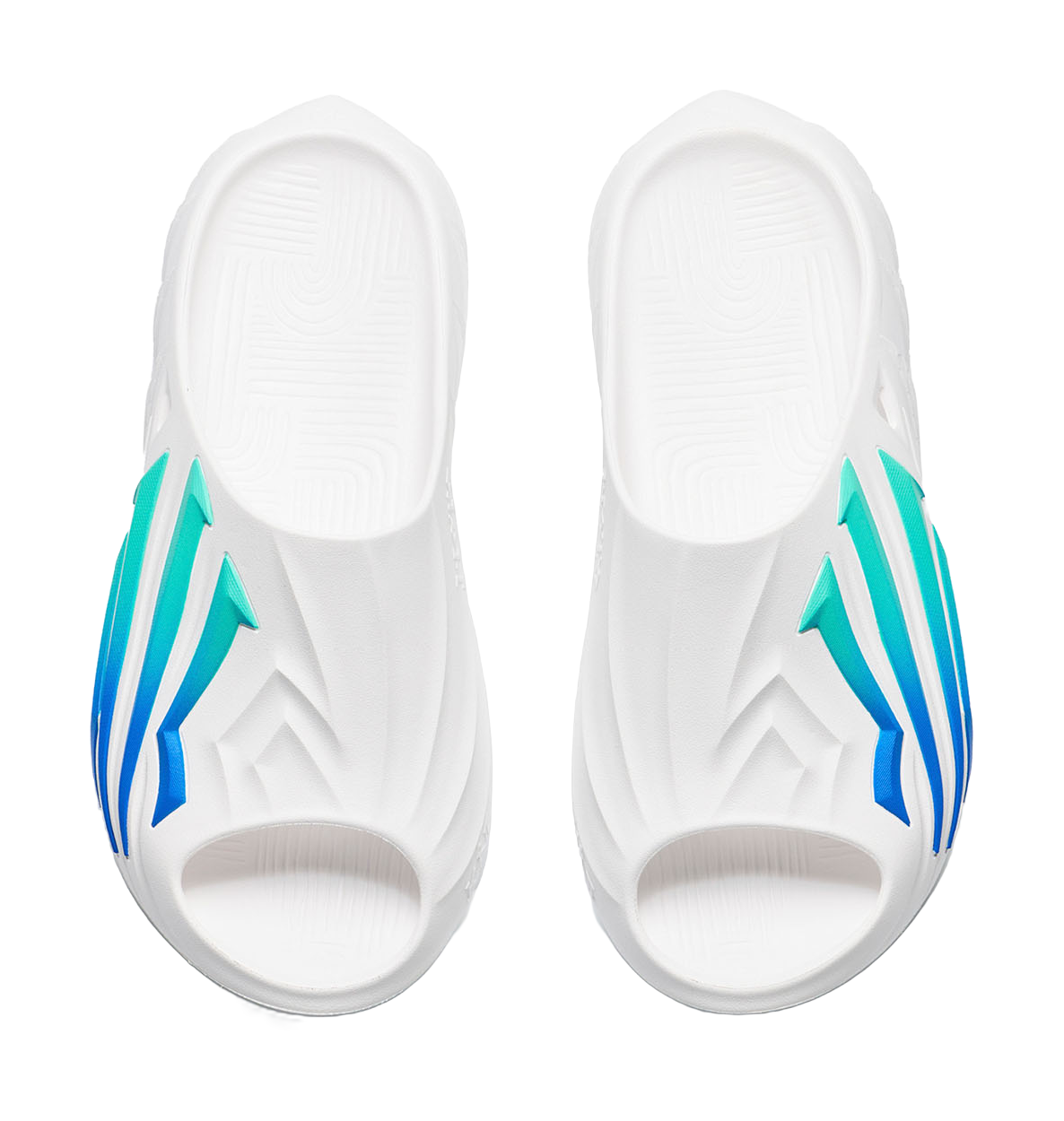Men's white slide sandals pair with open toe and heel, blue and green accents