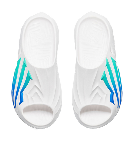 Men's white slide sandals pair with open toe and heel, blue and green accents