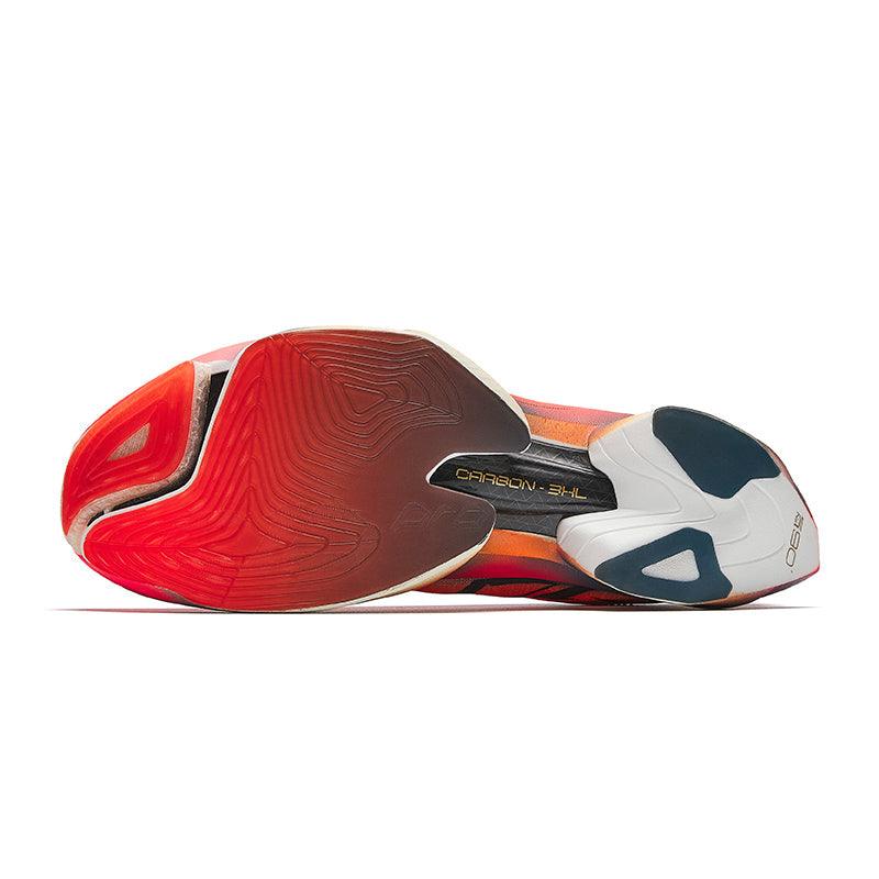 Men's marathon racing shoe outsole view, red tread with white midsole and blue accents