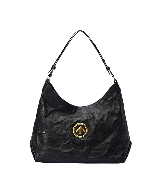 GROTTO black pleated sheepskin hobo bag with gold-tone logo patch, open top