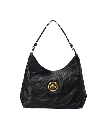 GROTTO black pleated sheepskin hobo bag with gold-tone logo patch, open top