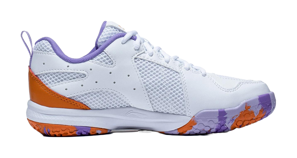 Women's badminton shoe in white with purple lining and orange side panel, textured upper.