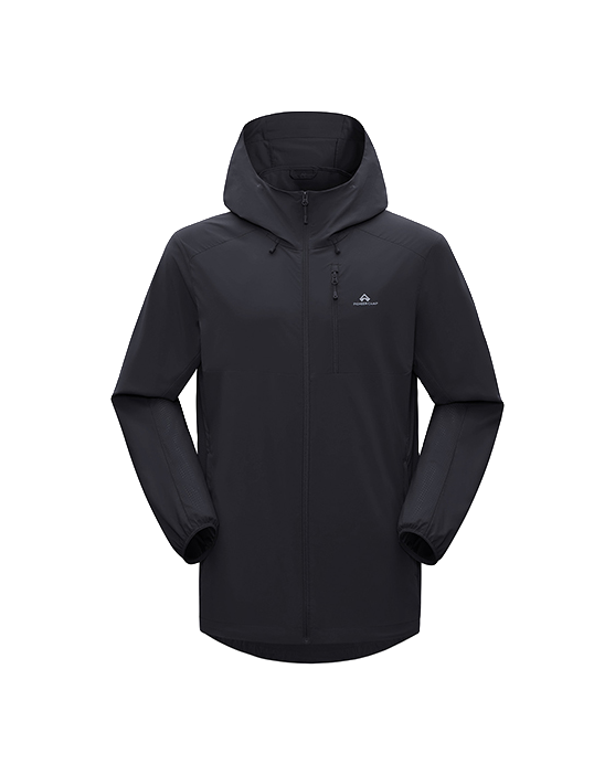 Men's hooded sun jacket in black with full-length front zipper