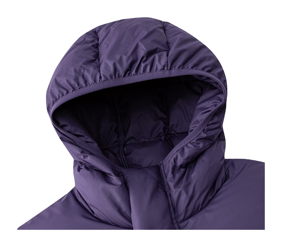 Purple hooded puffer jacket hood interior view, padded insulation