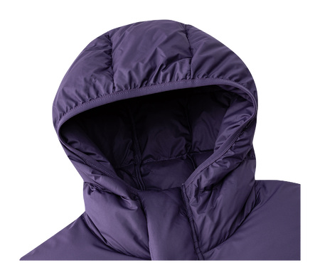 Purple hooded puffer jacket hood interior view, padded insulation
