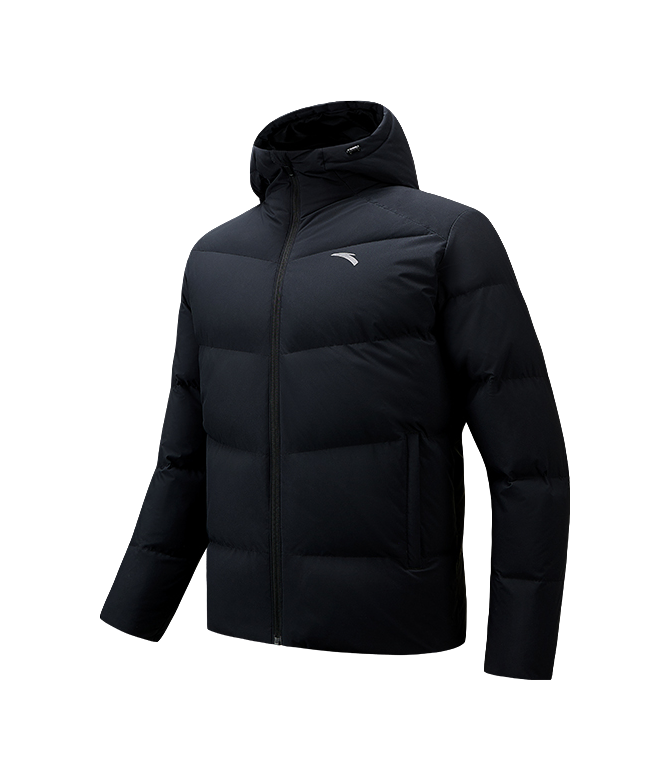 Men's black down puffer jacket, hooded, full-zip, chest logo detail