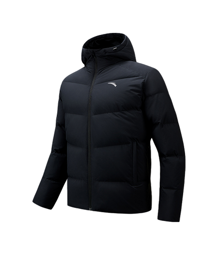 Men's black down puffer jacket, hooded, full-zip, chest logo detail
