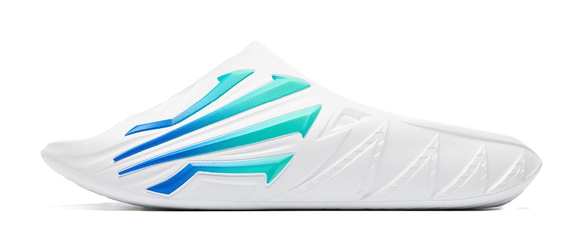 Men's white slide sandals with blue and green striped strap design