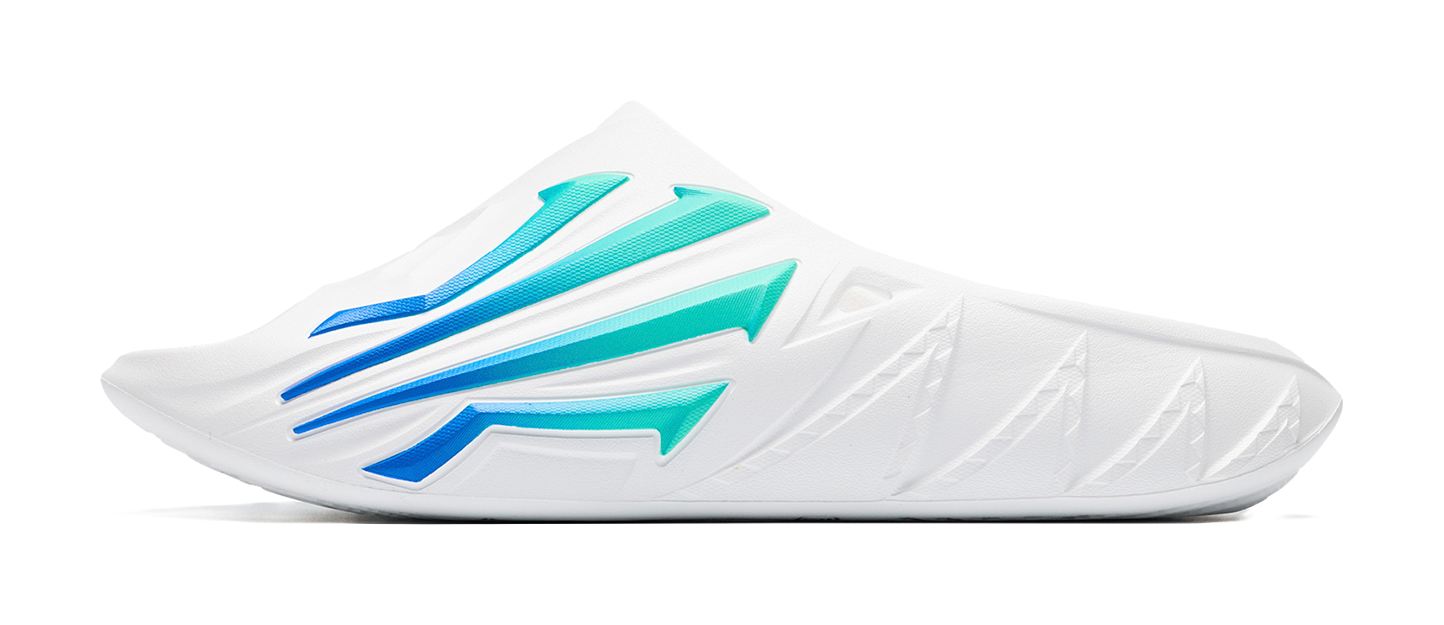 Men's white slide sandals with blue and green striped strap design