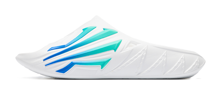 Men's white slide sandals with blue and green striped strap design