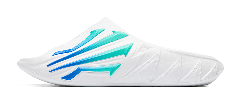Men's white slide sandals with blue and green striped strap design