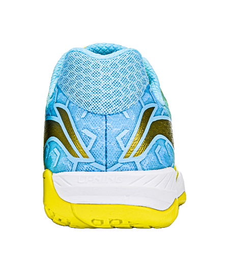 Back view of yellow and blue table tennis shoe with white heel panel