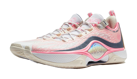 Basketball shoe in white and pink with dark blue overlays and arched forefoot stripe