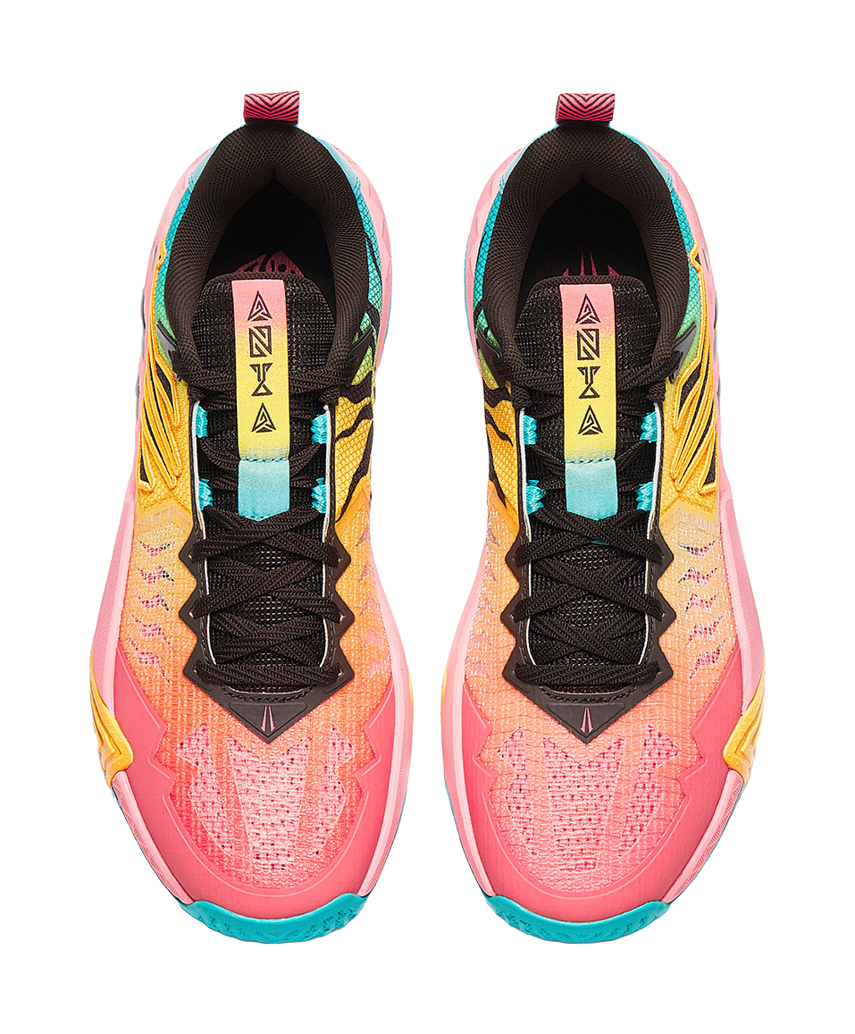 Anta KAI 2 Team basketball shoe pair front view, black laces on pink upper