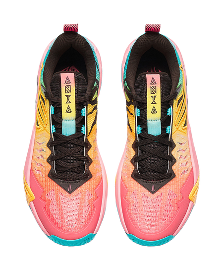 Anta KAI 2 Team basketball shoe pair front view, black laces on pink upper