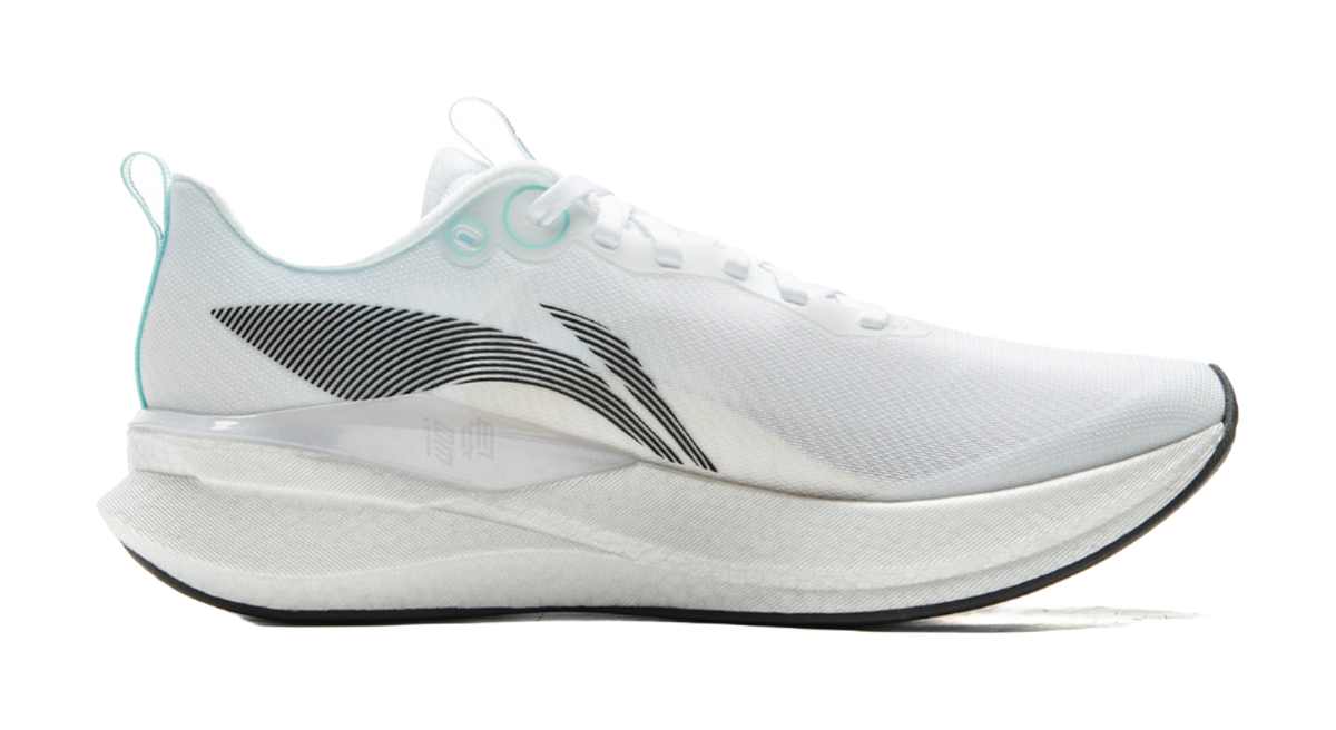 White running shoe with black stripe pattern, teal accents, and cushioned midsole