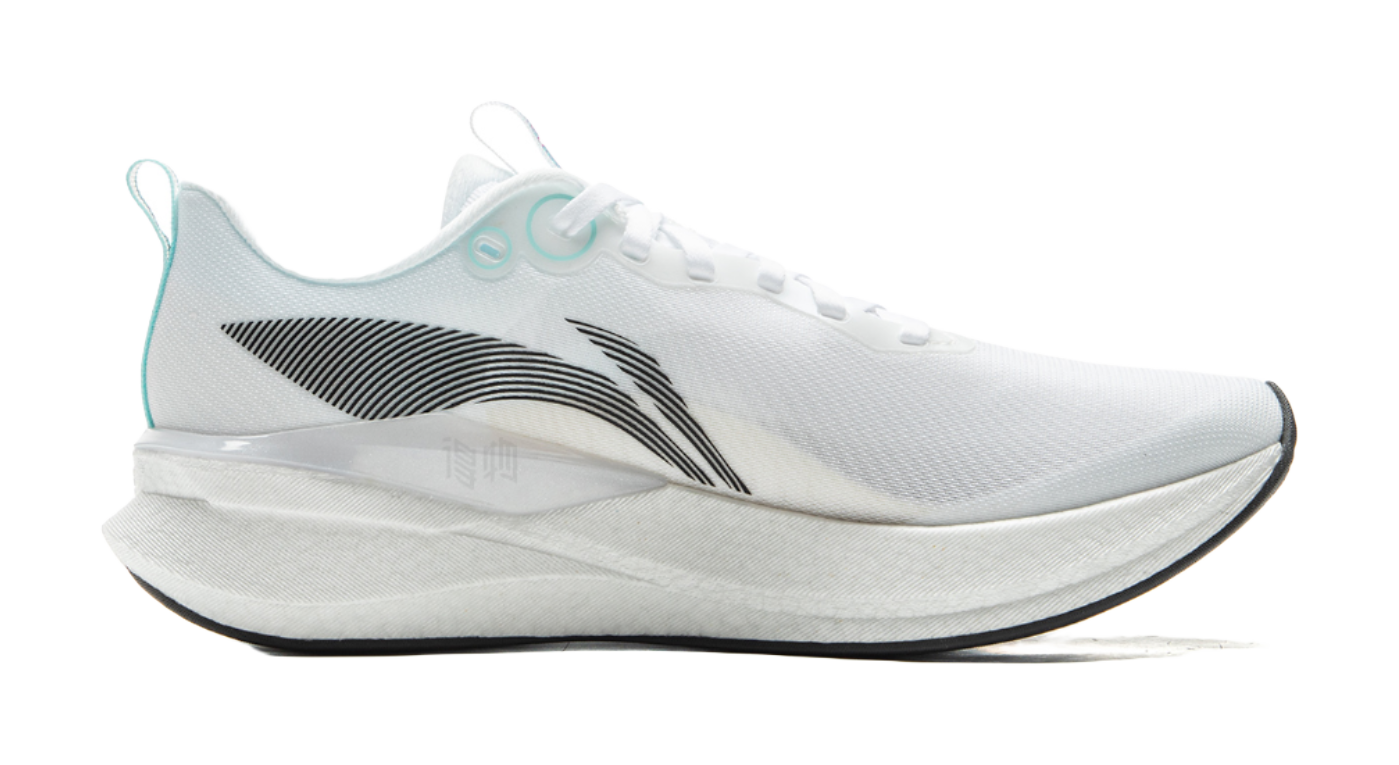 White running shoe with black stripe pattern, teal accents, and cushioned midsole